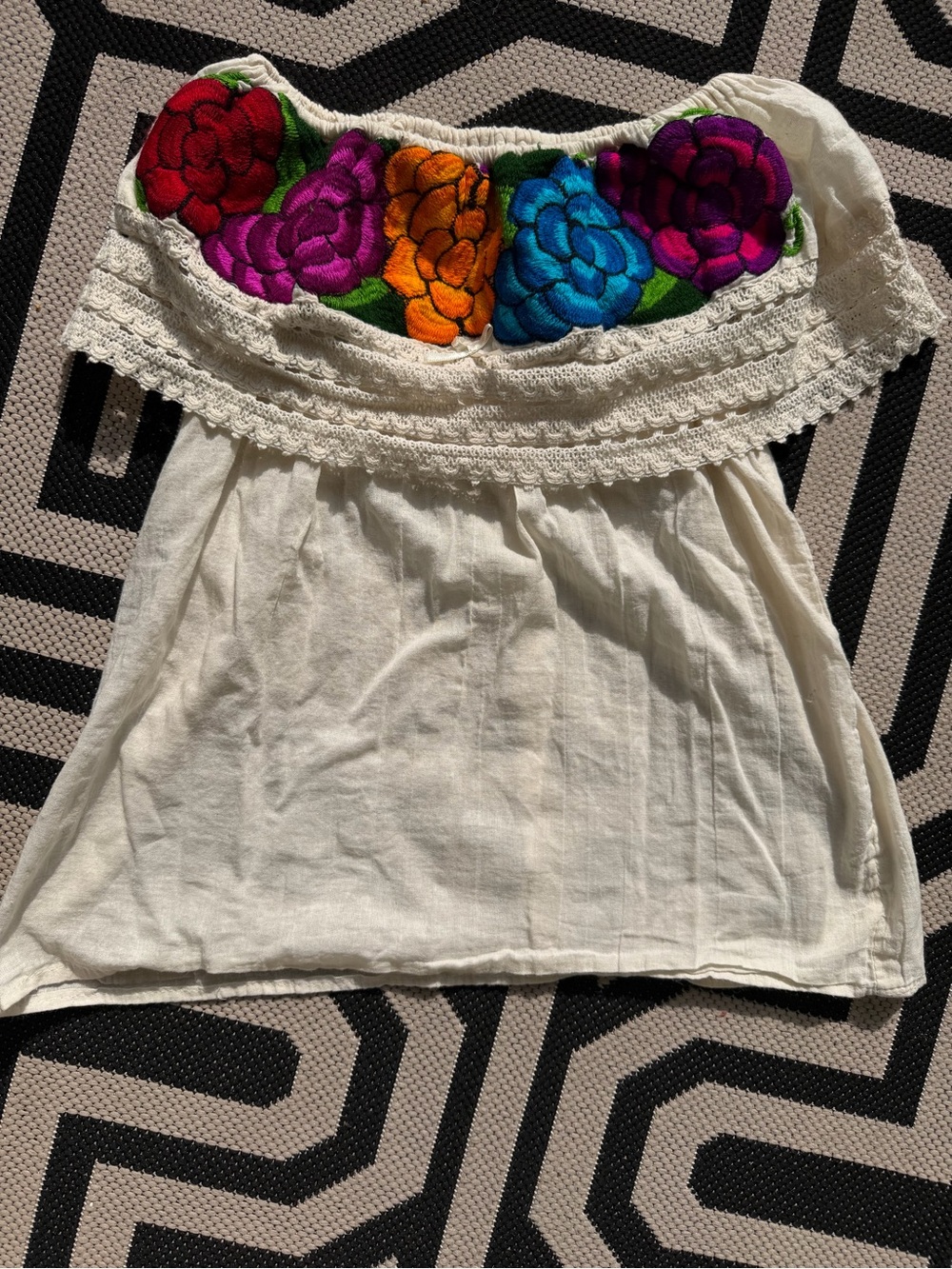 Embroidered Off-Shoulder White Cotton Blouse with Multicolor Floral Trim
